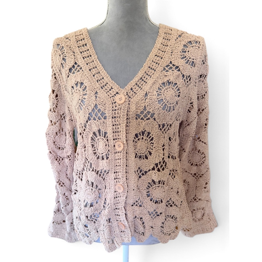 POL Crochet‎ Cardigan Tan Neutral Soft Chenille Cotton Boho Cottagecore Fall